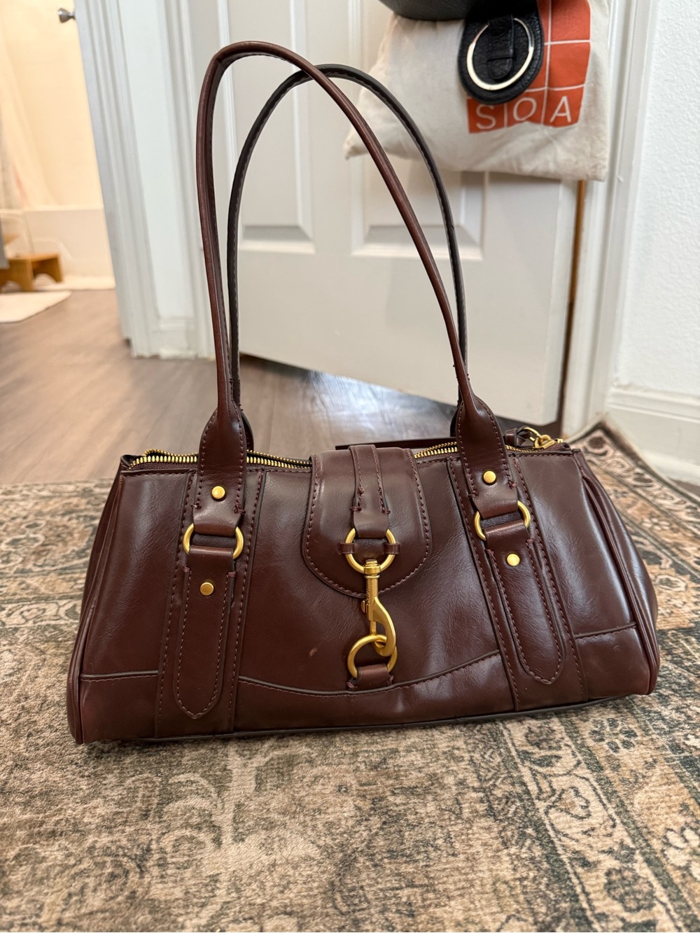 Mango Deep Brown Leather Shoulder Bag with Gold Hardware